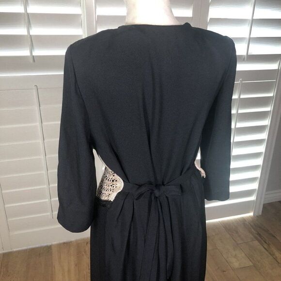 Vtg 80s Impulsive Black Midi Dress 8P Tan Crochet Vest Pleated Shoulder Pads - Picture 12 of 12